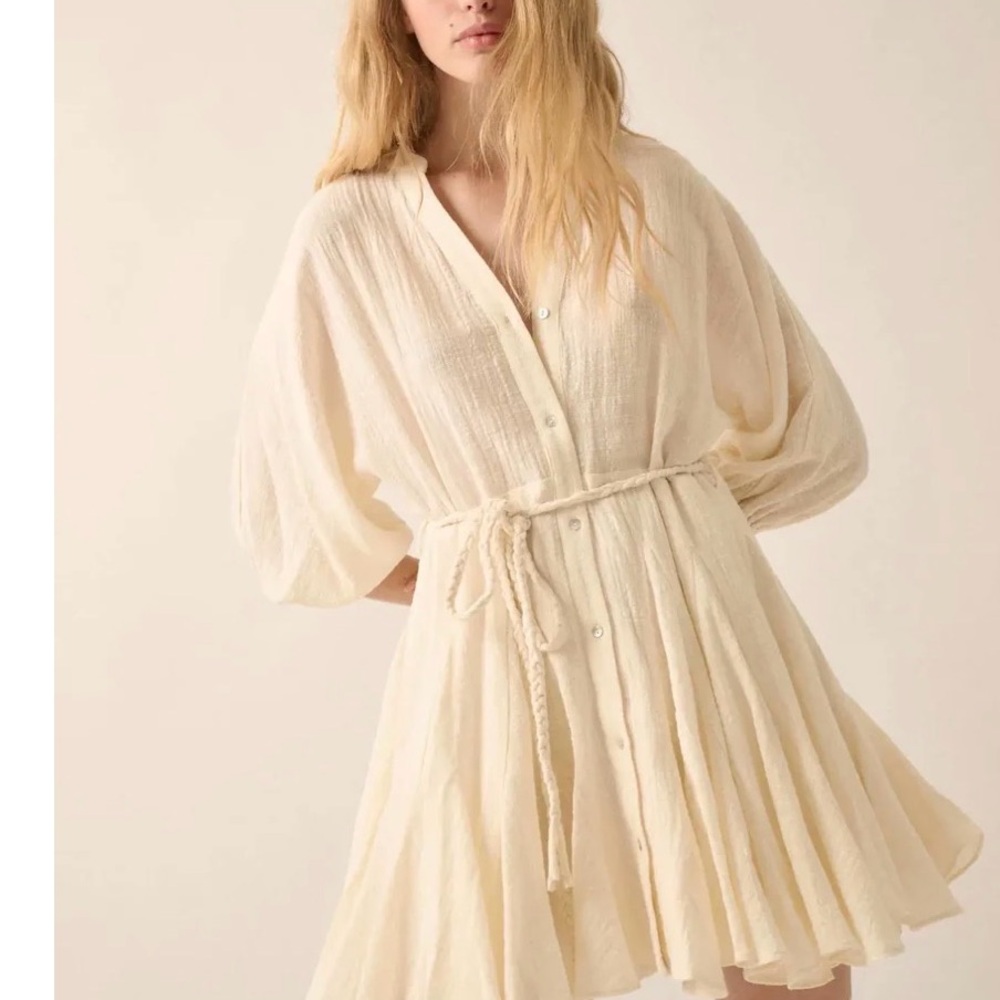 Cream Button-Up Dress with Belt